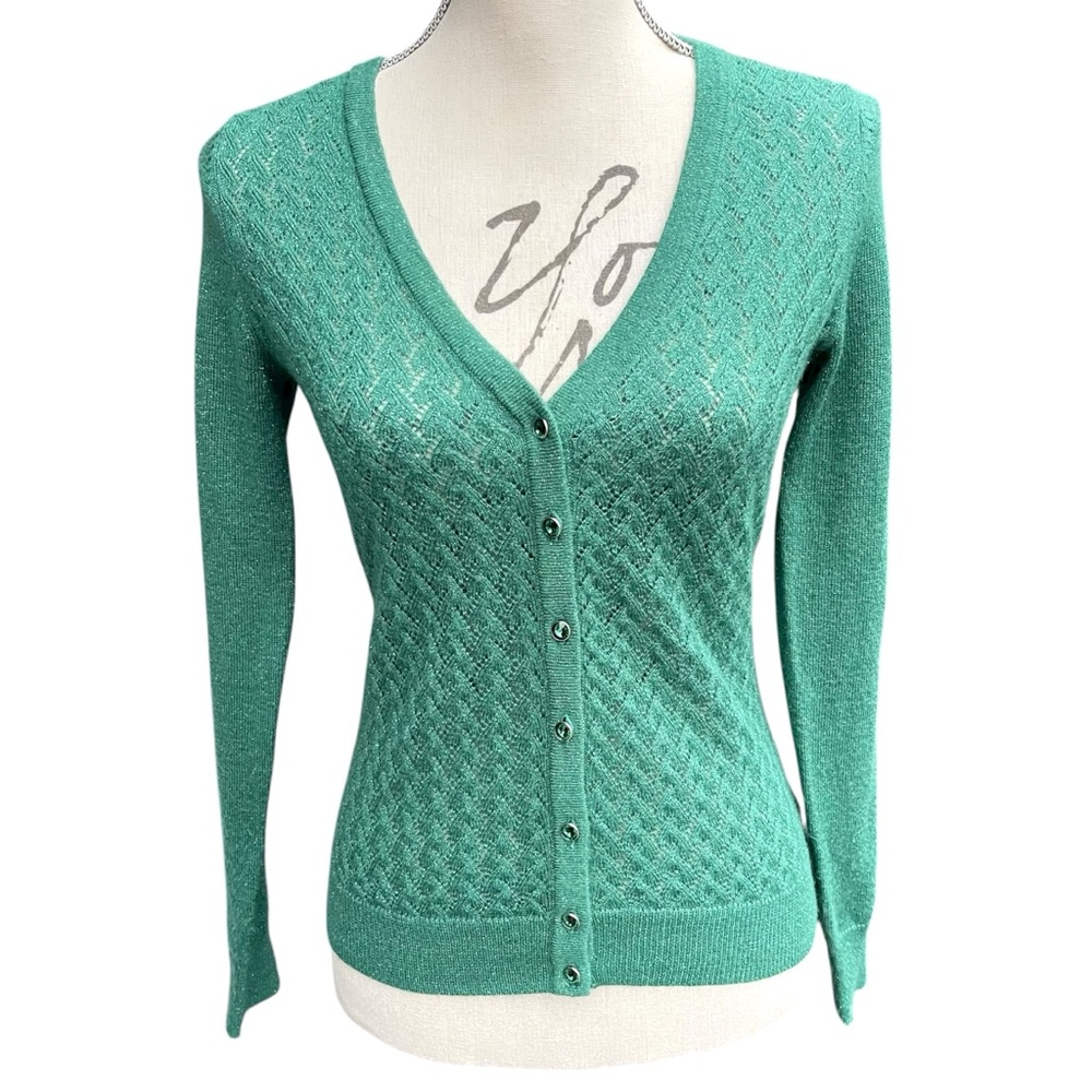Merona Green Shimmer Pointelle Lightweight Cardigan Crystal Button Sweater (XS)
